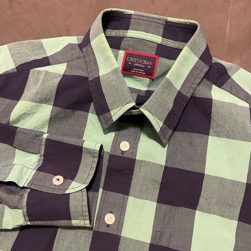Untuckit Shirt Mens Medium M Green Plaid Long Sleeve Cotton Button Up Bonarda